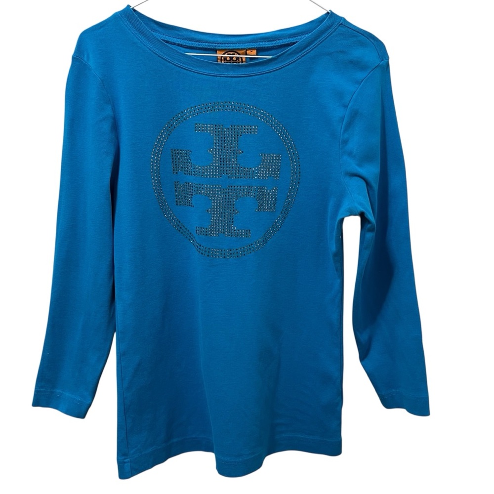 Tory Burch Teal 3/4  Sleeve Top with Rhinestone Logo